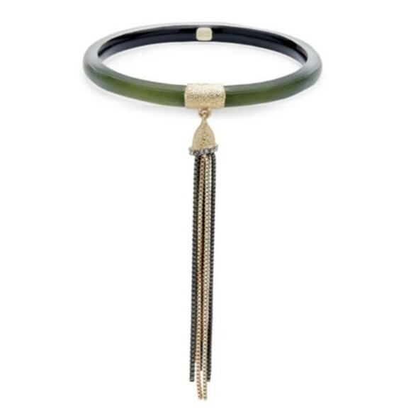 Alexis Bittar 10K Goldplated & Lucite Green Skinny Tassel Stackable Bangle 8" - Picture 1 of 6